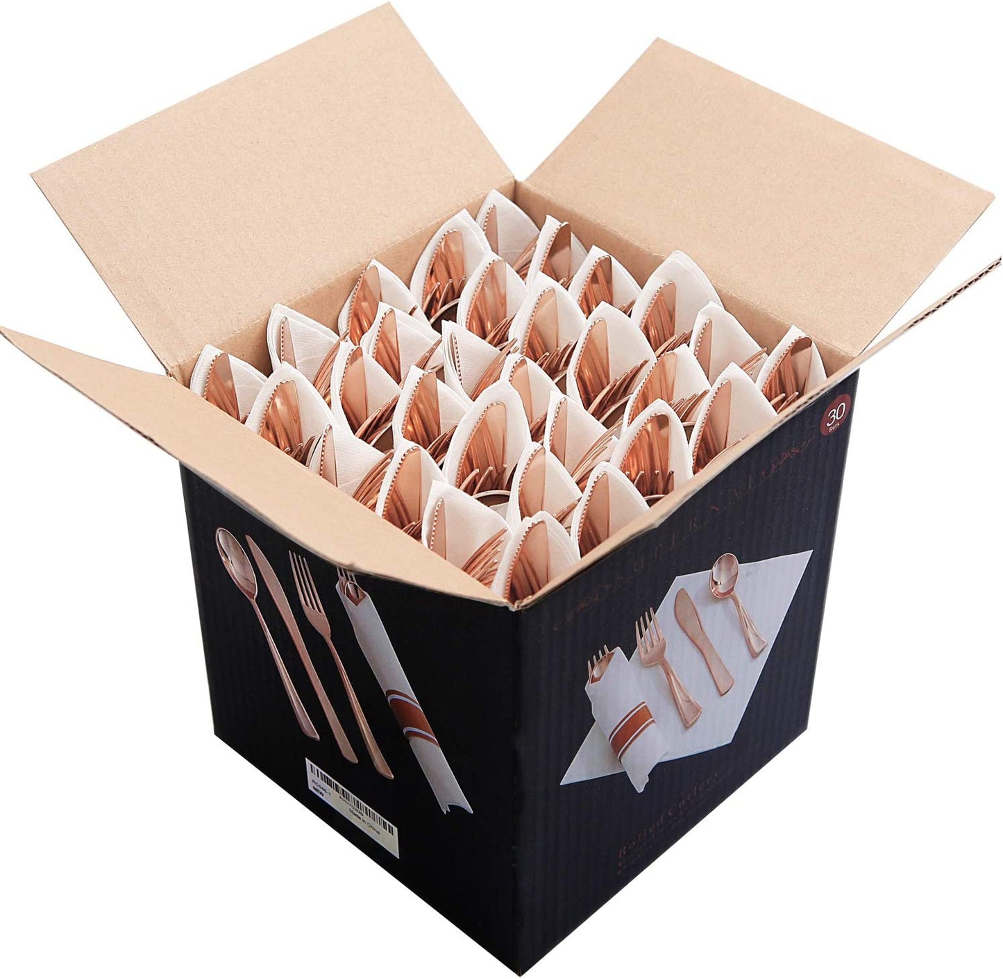 Set of 30packs,Rose Gold Plastic Silverware, Pre Rolled Napkin with Cutlery, Disposable Silverware with Rose Gold Linen Napkin, Wrapped Plastic Silverware Set Suit for Party,Wedding