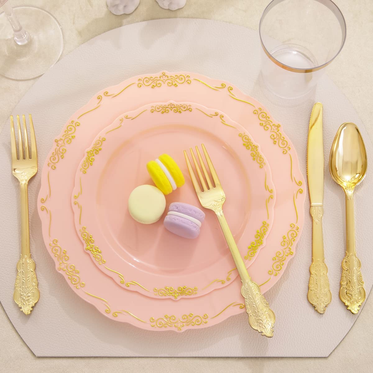 210 Pink Gold Plastic Plates ＆ Gold Plastic Silverware,Gold Plastic Cups,Dessert/Salad Plate with Gold Rim,Gold Cutlery,Gold Napkins,Suit for Mothers Day, Bridal Shower, Wedding,Party