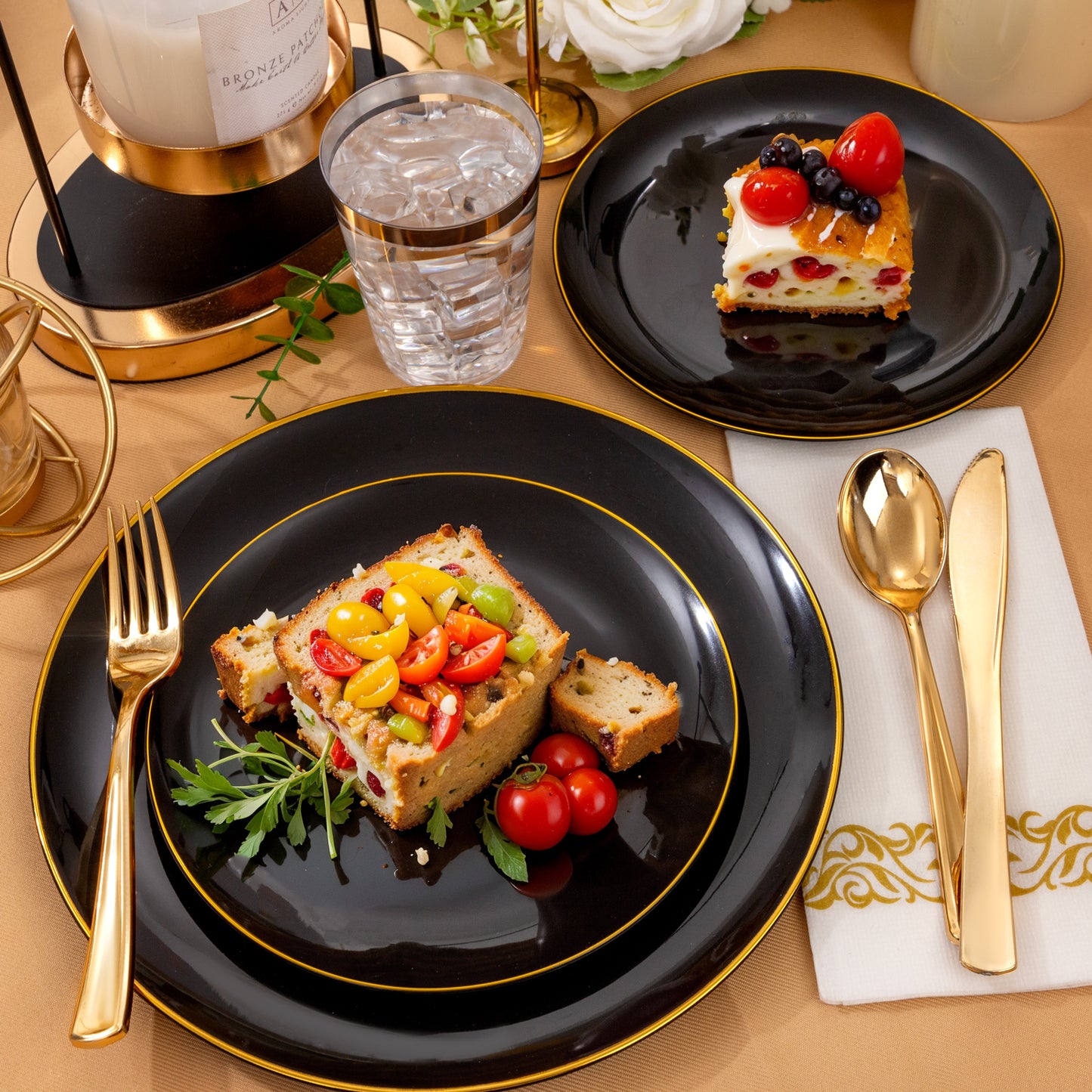 350pcs Black and Gold Plastic Dinnerware Set,Black Plastic Plates with Gold Rim,Black and Gold Plastic Plates,Gold Plastic Silverware,Gold Cups,Great for Birthday,Party,Wedding