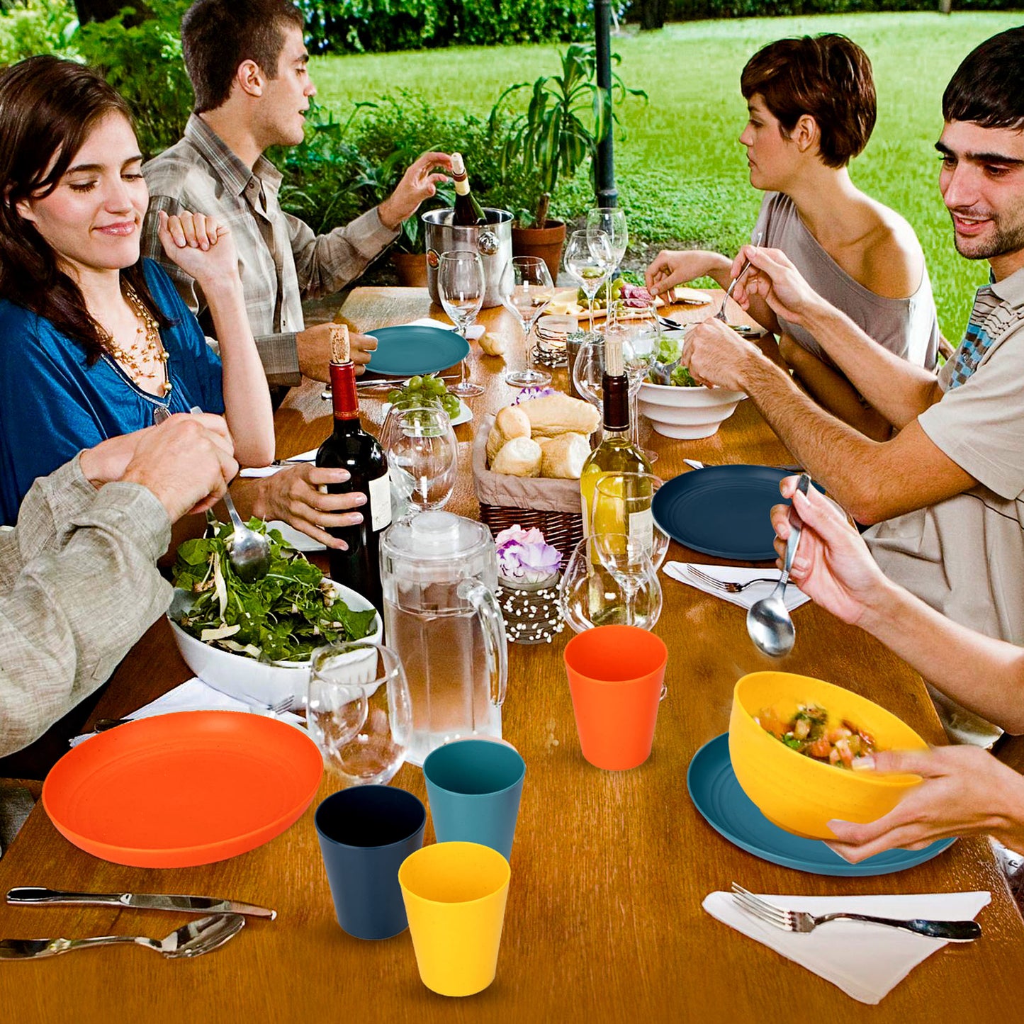 32pcs Wheat Straw Dinnerware Sets,Plastic Plates and Bowls Sets for 8,Unbreakable Plates and Bowls Sets Dishwasher Safe Microwave Safe Fun Colors Perfect for Cooking Family Camping Picnics