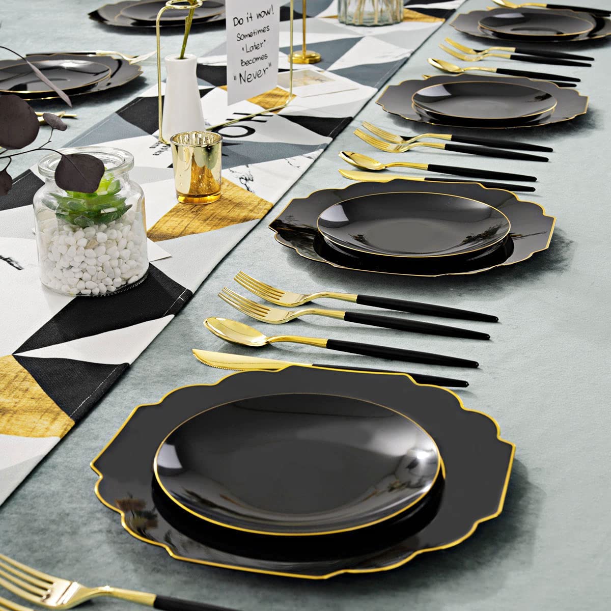 150pcs Gold Plastic Dinnerware Set, Halloween Black Plastic Plates,Gold Plastic Silverware,Black and Gold Cutlery,include 30 Dinner Plates,30 Dessert Plates,30 Forks,30 Knives,30 Spoons