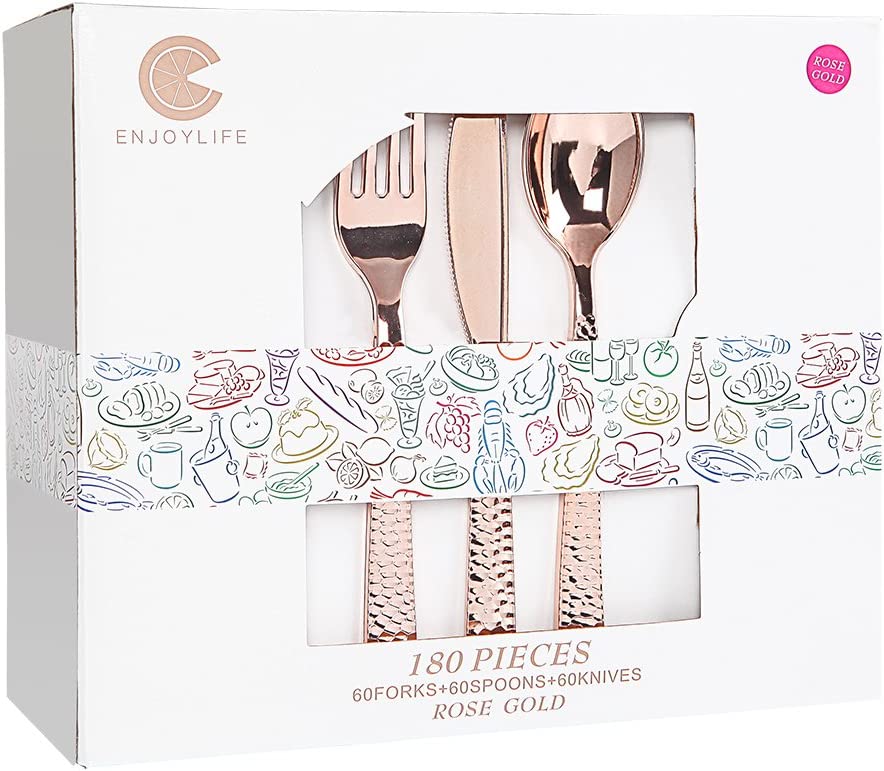 180pcs Rose Gold Plastic Silverware, Rose Gold Plastic Utensils,Plastic Forks and Spoons,Plastic Knives,Plastic Silverware Suit for Parties, Birthday, Wedding, Monther's Day, Easter