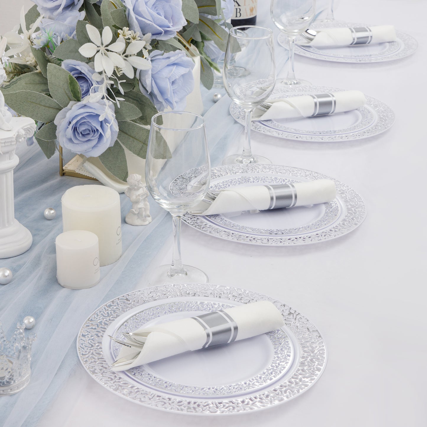 60 Pack Pre-Rolled Napkins with Silver Plastic Utensils,Heavy Duty Wrapped Cutlery,Silver Plastic Silverware, Forks and Spoons,Premium Disposable Plastic Silverware Sets for Any Occasion.