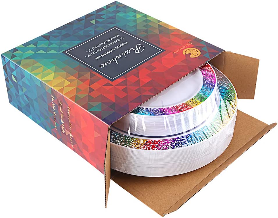 60pcs Gold Plastic Plates,Disposable Lace Plates,Rainbow Plastic Plates,Tie-dye Plates,Birthday Party Plates Include 30 Dinner Plates,30 Salad Plates,Perfect for Birthday,Party,Wedding