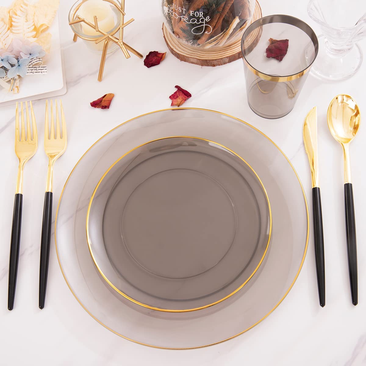 180pcs Black Plastic Dinnerware Set,Black Plastic Plates,Clear Plastic Plates with Gold Rim,Gold Plastic Silverware,Black Clear Gold Cups for Halloween