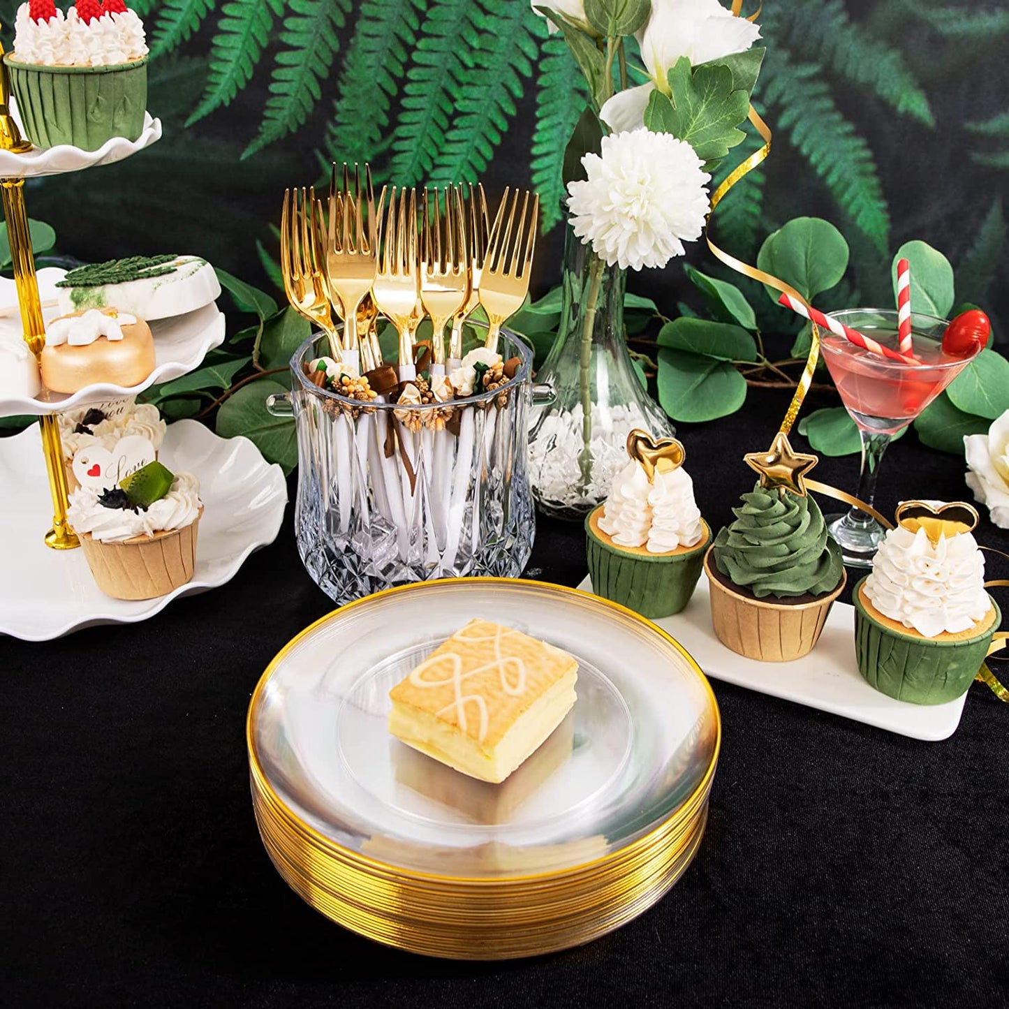 96pcs Dessert Plates Set Include 48pcs Gold Plastic Dessert Plates,48pcs Gold Dessert Forks,Disposable Clear Appetizer Plates 7.5", Perfect for Parties or Weddings
