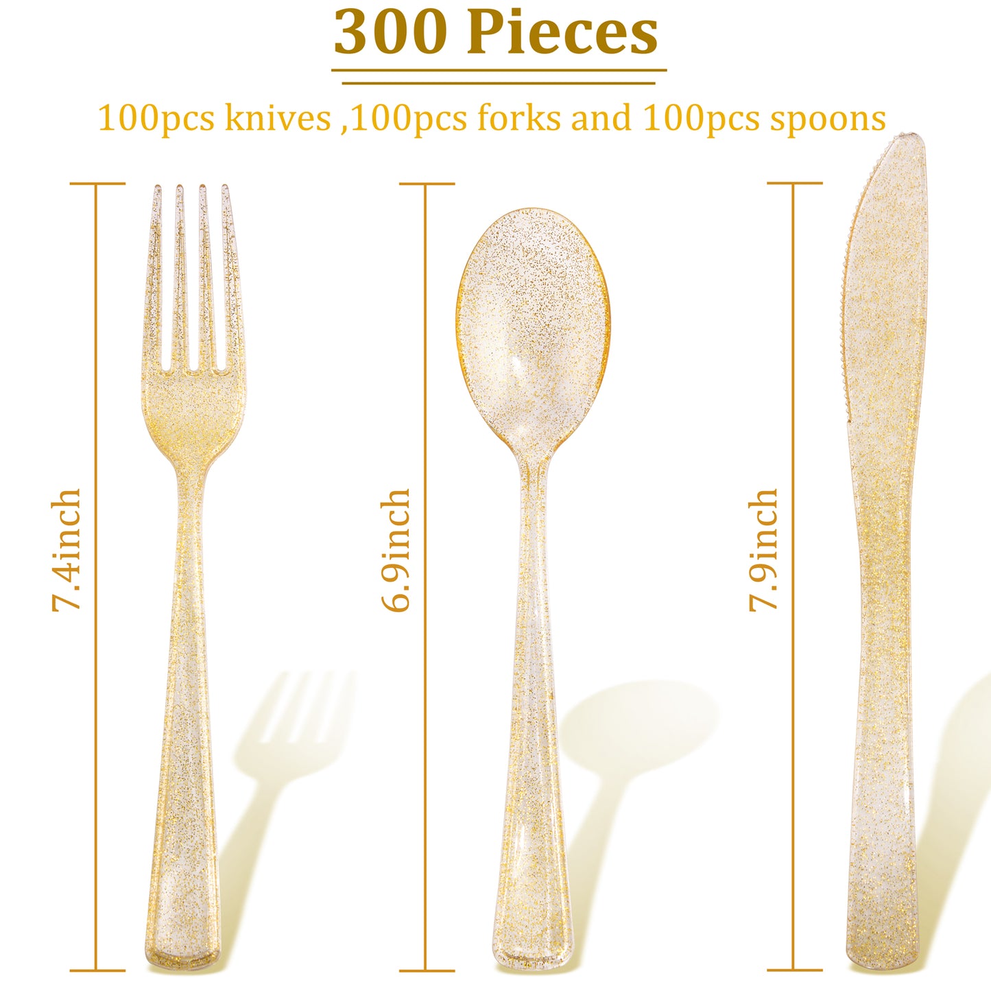 300pcs Gold Plastic Silverware,Gold Disposable Utensils,Gold Glitter Dinnerware Include 100pcs Plastic Gold Forks,100pcs Gold Spoons & 100pcs Gold Knives Perfect for Birthday, Wedding
