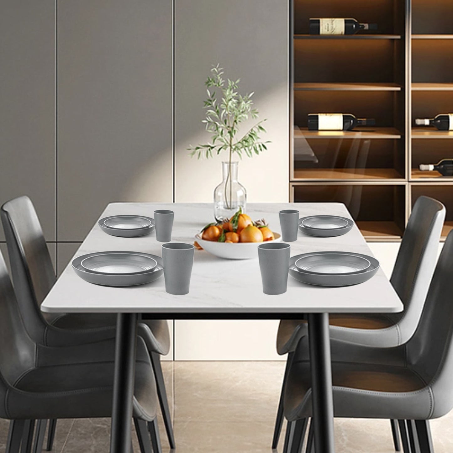 32pcs Wheat Straw Dinnerware Sets,Unbreakable Dinnerware Sets for 8,Reusable Tableware,Straw Tableware,Dark Grey Set 16pcs Plates, 8pcs Bowls, 8pcs Cups