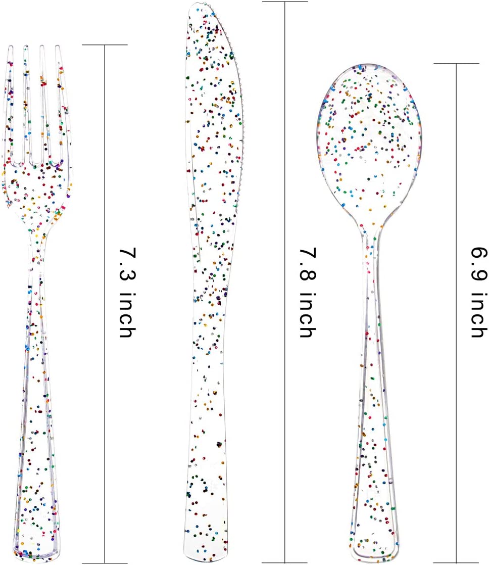 360pcs Clear Plastic Silverware, Glitter Disposable Cutlery with Colorful Design,120 Forks,120 Knives,120 Spoons,Perfect for Parties Birthday