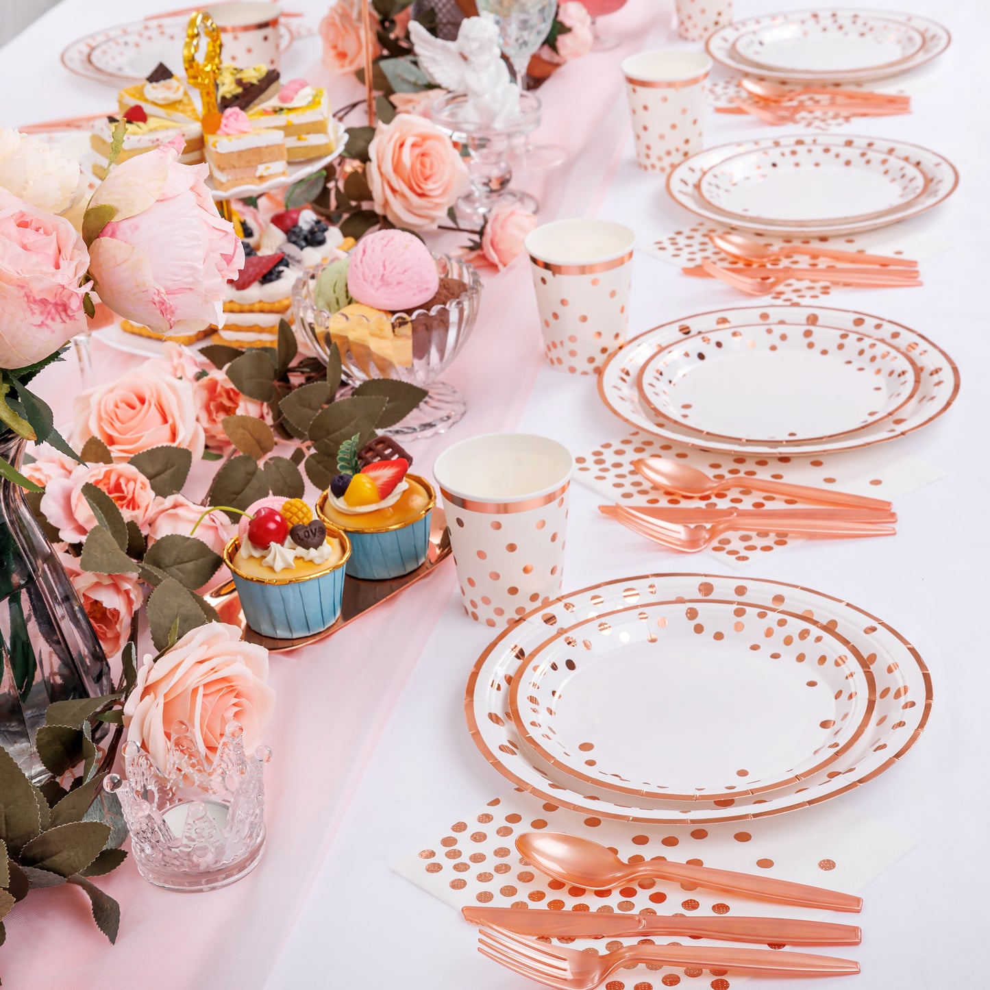 350pcs Rose Gold Plates and Napkins Party Supplies,Happy Birthday Plates and Napkins,Rose Gold Paper Plates,Napkins,Cups,Rose Gold Plastic Forks,Knives,Spoons for Womens Birthday Decorations
