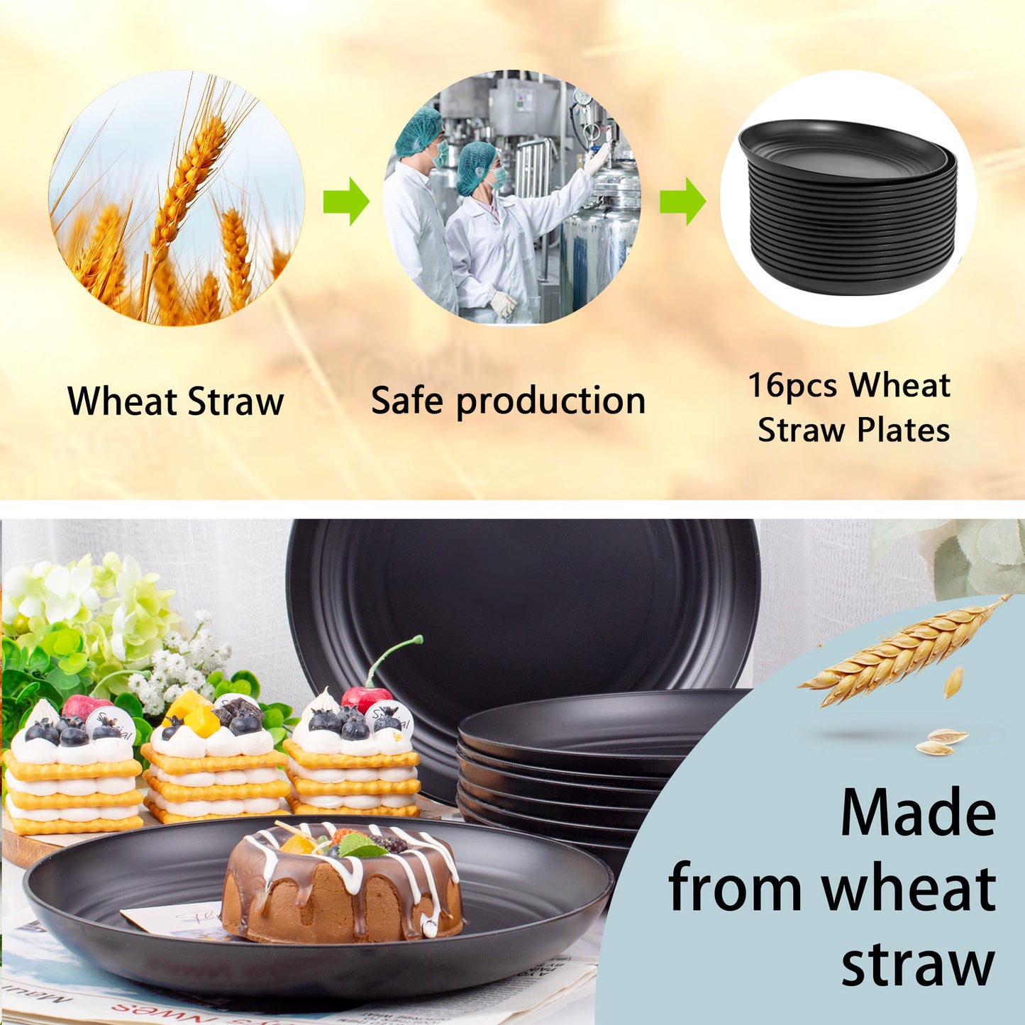 16pcs Black Wheat Straw Plates,10 inch Unbreakable Dinner Plates,Reusable Plastic Plates,Dishwasher & Microwave Safe,Lightweight Dinnerware Plates Set for Kitchen,Camping