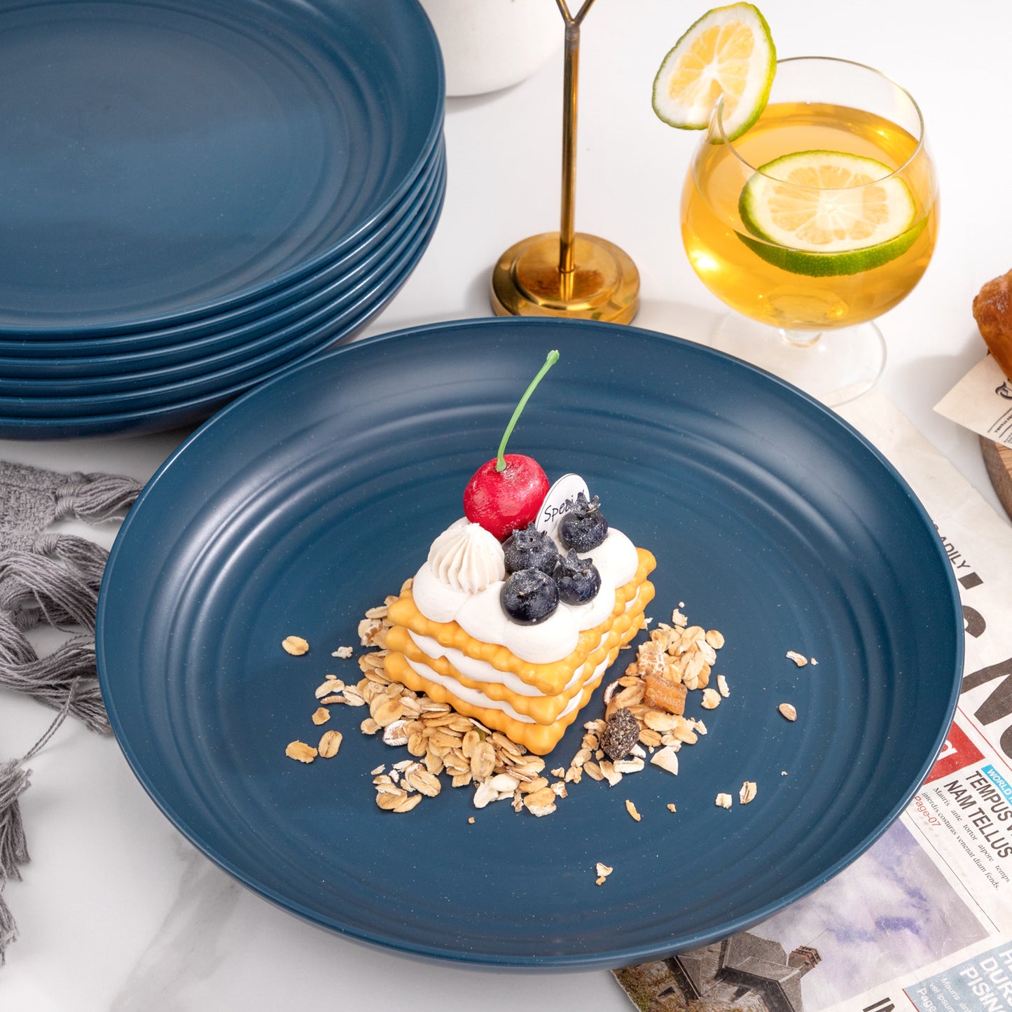 16pcs Dark Blue Wheat Straw Plates,Deep Dinner Plates Set,Premium Reusable Plastic Plates,Unbreakable Party Plates,Dishwasher & Microwave Safe for Camping, Picnic