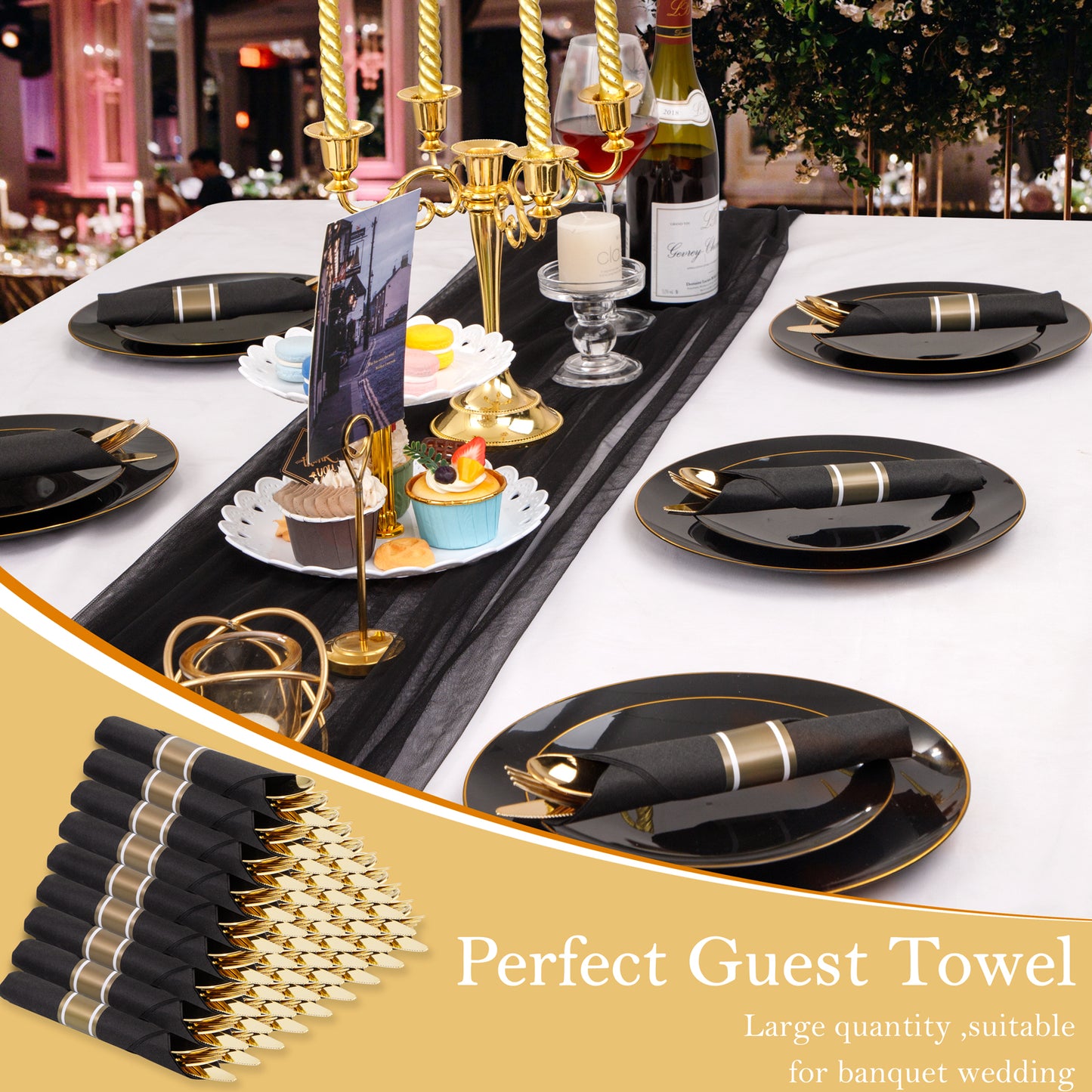 60 Pack Gold Plastic Silverware,Rolled Plastic Silverware,Pre Wrapped Gold Silverware with Black Napkins,Heavy Duty Plastic Cutlery,Plastic Forks and Spoons,Rolled Gold Plastic Cutlery