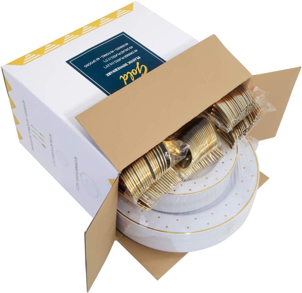 200pcs Gold Plastic Plates,Disposable Plates For Parties,Disposable Gold Plastic Silverware 40 Dinner Plates,40 Salald Plates,40 Knives,40 Forks,40 Spoons,Perfect for Birthday,Party,Wedding