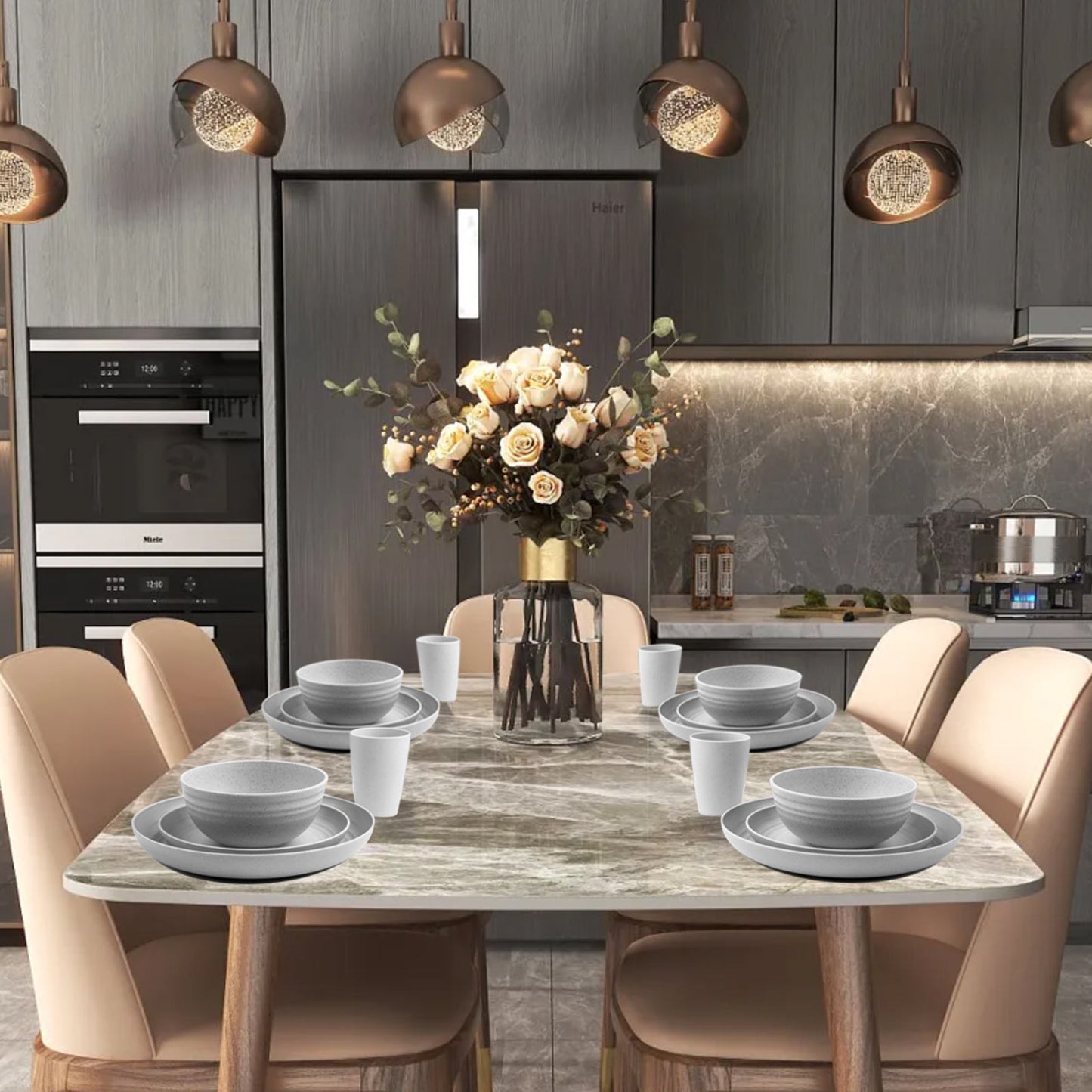 32pcs Wheat Straw Dinnerware Sets,Dinnerware Sets for 8,Plates and Bowls Sets,Reusable Tableware,Grey Dish Set 16pcs Plates, 8pcs Bowls, 8pcs Cups,Microwave Dishwasher Safe.