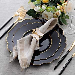 60pcs Black Plastic Plates,Black and Gold Plates Baroque,Gold Plates Plastic,Include 30 Plastic Dinner Plates,30 Appetizer Plates,Suit For Party, Birthday, Wedding, Easter and Monther's Day