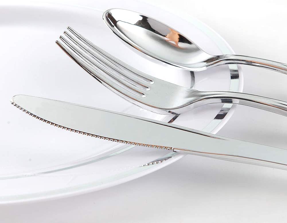 400pcs Silver Plastic Dinnerware Set,Silver and White Plastic Plates, Silver Plates Disposable for Party Wedding Plates,Silver Plastic Cutlery,Silver Cups Suit for Holiday Party Birthday