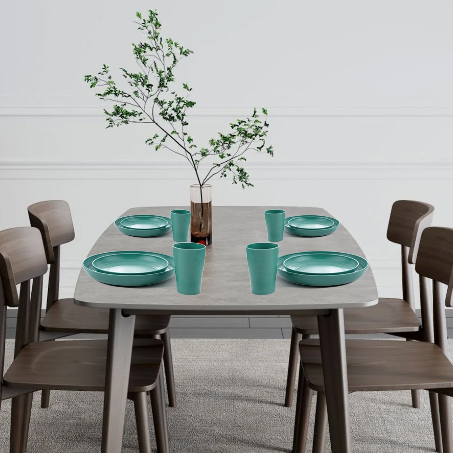 32pcs Wheat Straw Dinnerware Sets,Dinnerware Sets for 8,Unbreakable Dinnerware,Reusable Tableware,Dark Green Set 16pcs Plates, 8pcs Bowls, 8pcs Cups,Microwave Dishwasher Safe