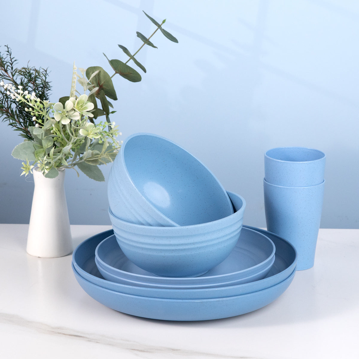 Wheat Straw Dinnerware, Microwave Dishwasher Safe, Unbreakable Light Weight Plates Service For 8, Reusable Tableware Set, Multicolor Set 16pcs Plates, 8pcs Bowls, 8pcs Cups