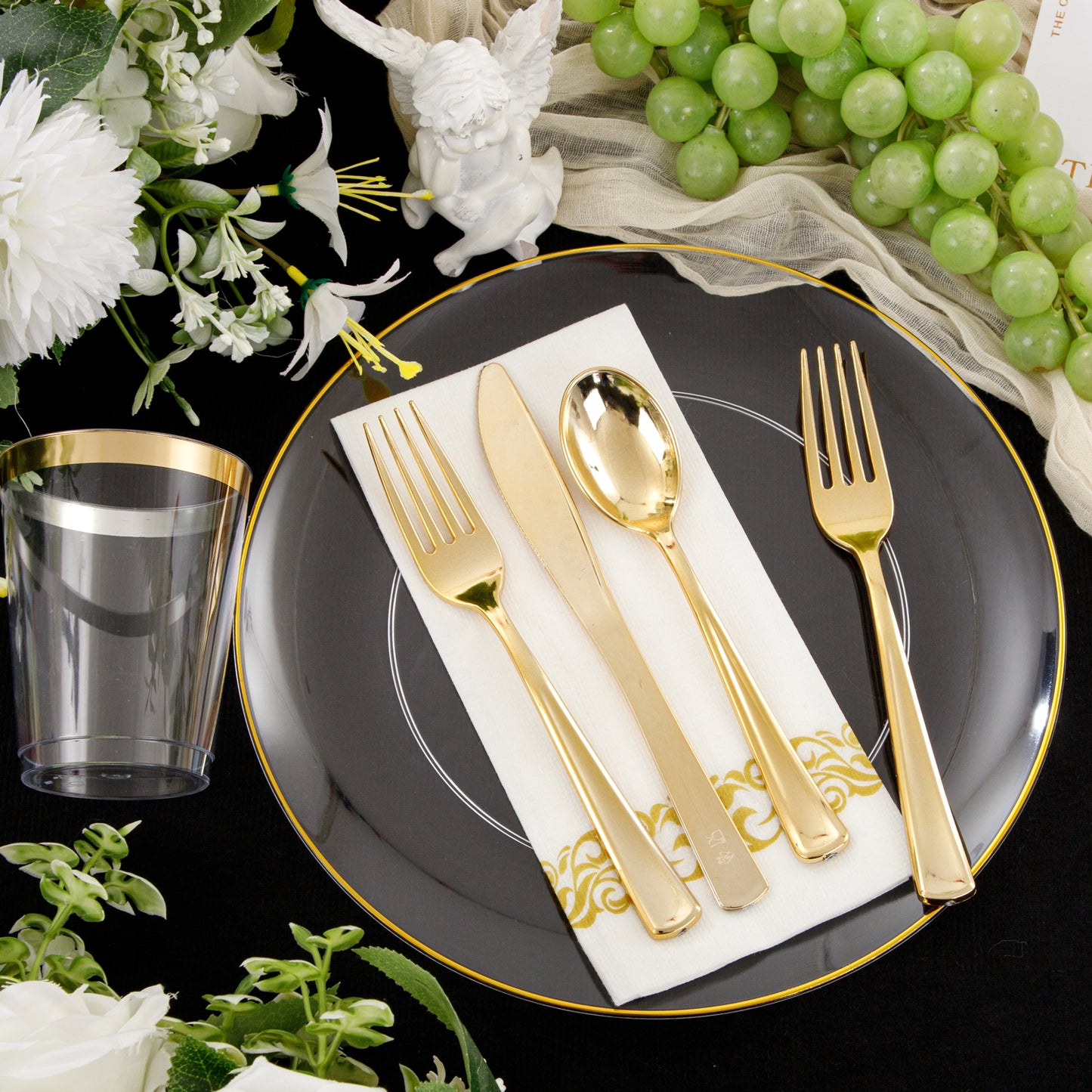 350PCS Clear and Gold Plastic Dinnerware Include Clear and Gold Plastic Plates Gold Plastic Silverware Heavy Duty,Gold Plastic Cups, Gold Napkins for Birthday Parties, Weddings