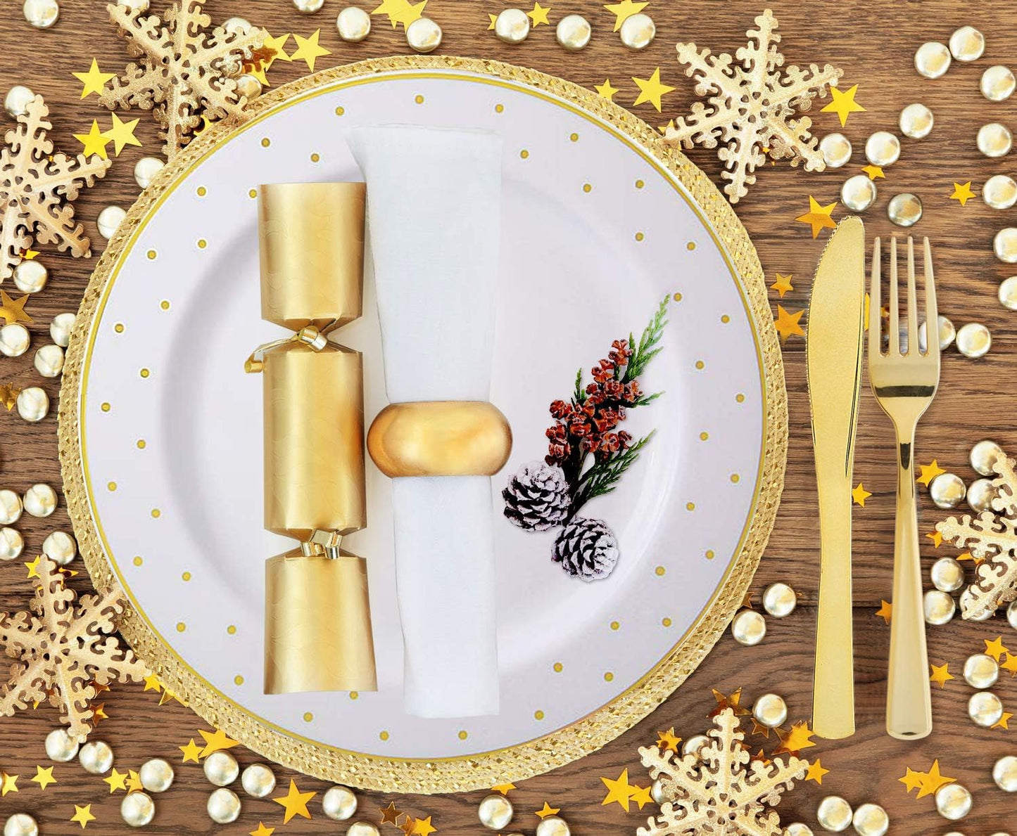 102pcs Gold Plastic Plates, Gold Rim Plates with Gold Point Design, Party Plastic Plates, Gold Dinnerware Suit for Wedding Includes: 51 Dinner Plates 10.25" and 51 Dessert Plates 7.25"