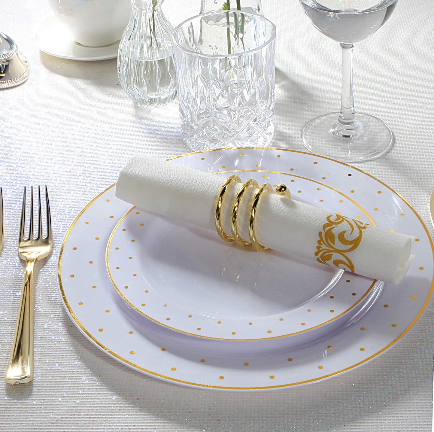 102pcs Gold Plastic Plates, Gold Rim Plates with Gold Point Design, Party Plastic Plates, Gold Dinnerware Suit for Wedding Includes: 51 Dinner Plates 10.25" and 51 Dessert Plates 7.25"