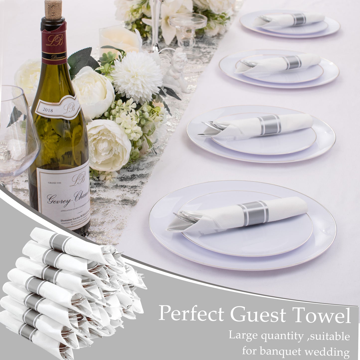 Silver Plastic Silverware,Rolled Plastic Silverware,Pre Rolled Napkins with Plastic Cutlery Set,Wrapped Plastic Cutlery Set with Napkin,Silverware Set Disposable Dinnerware Set 120 Guests