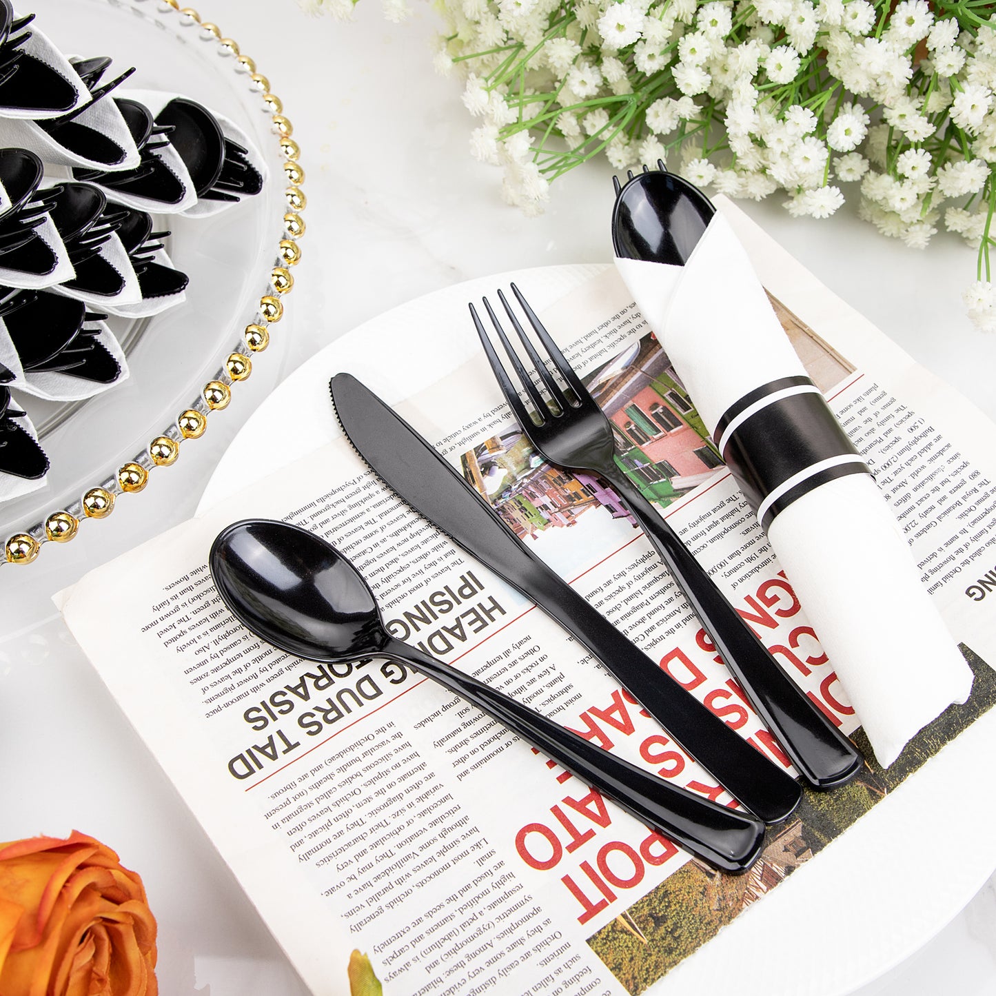60 Pack Black Plastic Silverware,Rolled Plastic Silverware,Pre Wrapped Black Silverware,Heavy Duty Plastic Cutlery,Plastic Forks and Spoons,Rolled Cutlery with Napkins,Pre Wrapped Cutlery