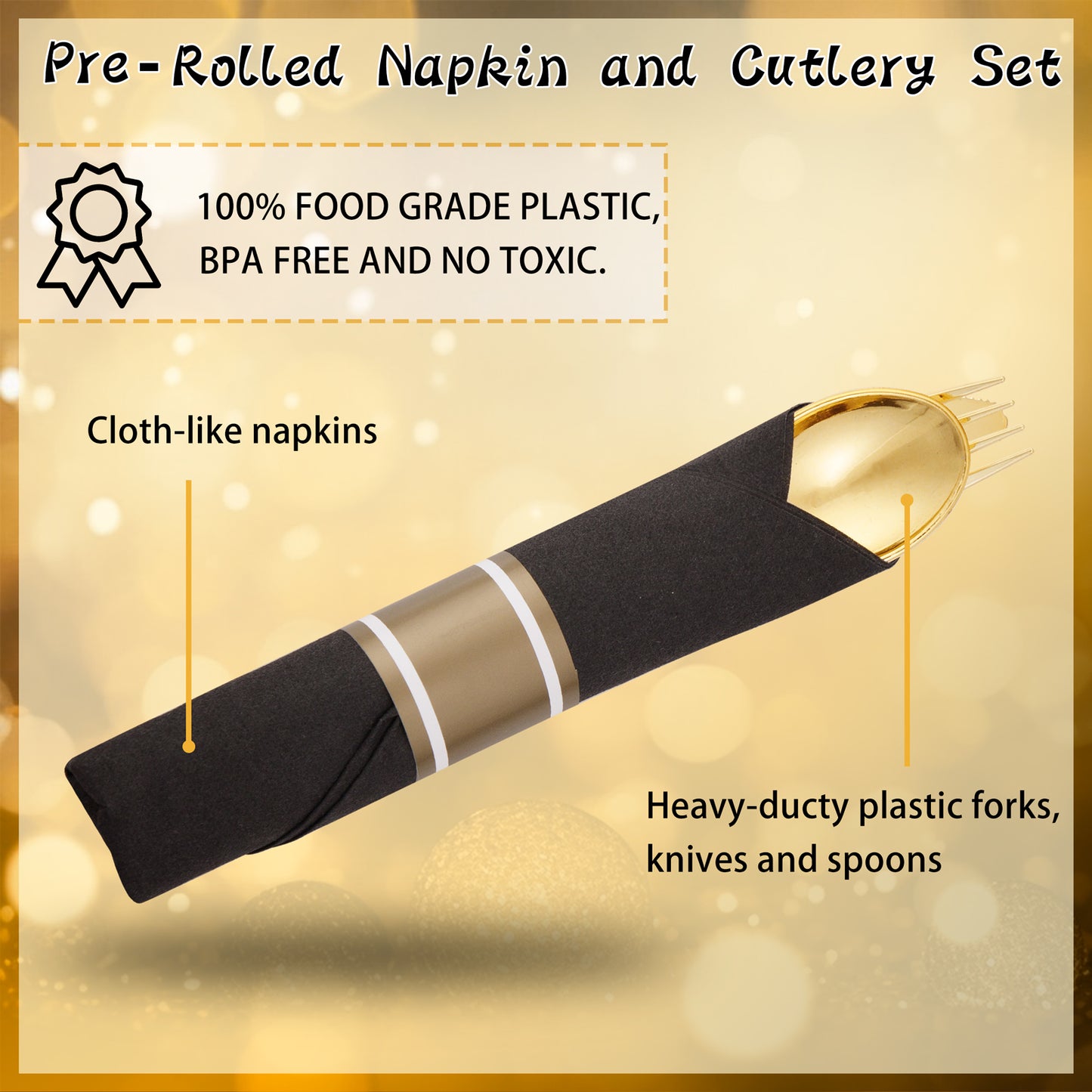 60 Pack Gold Plastic Silverware,Rolled Plastic Silverware,Pre Wrapped Gold Silverware with Black Napkins,Heavy Duty Plastic Cutlery,Plastic Forks and Spoons,Rolled Gold Plastic Cutlery