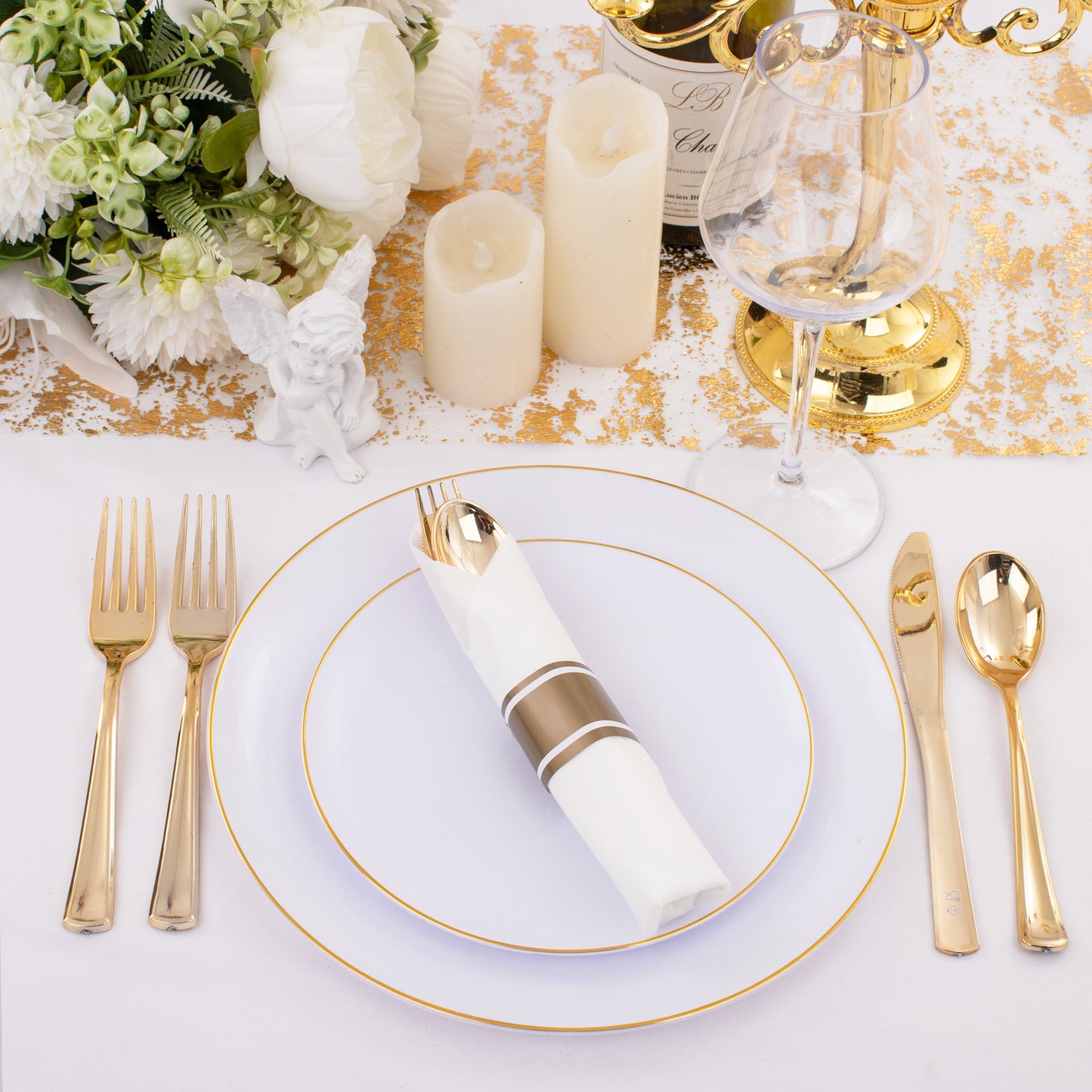 120 Pack Gold Plastic Silverware,Wrapped Plastic Cutlery Set with Napkin,Gold Silverware Disposable,Pre Rolled Napkins with Plastic Cutlery Set,Rolled Silverware Disposable,Wrapped Silverware
