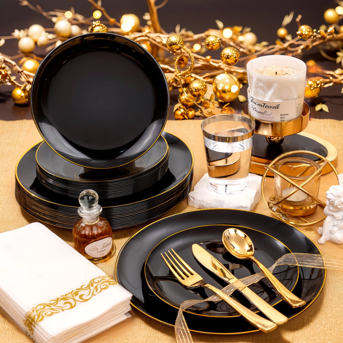 350pcs Black and Gold Plastic Dinnerware Set,Black Plastic Plates with Gold Rim,Black and Gold Plastic Plates,Gold Plastic Silverware,Gold Cups,Great for Birthday,Party,Wedding