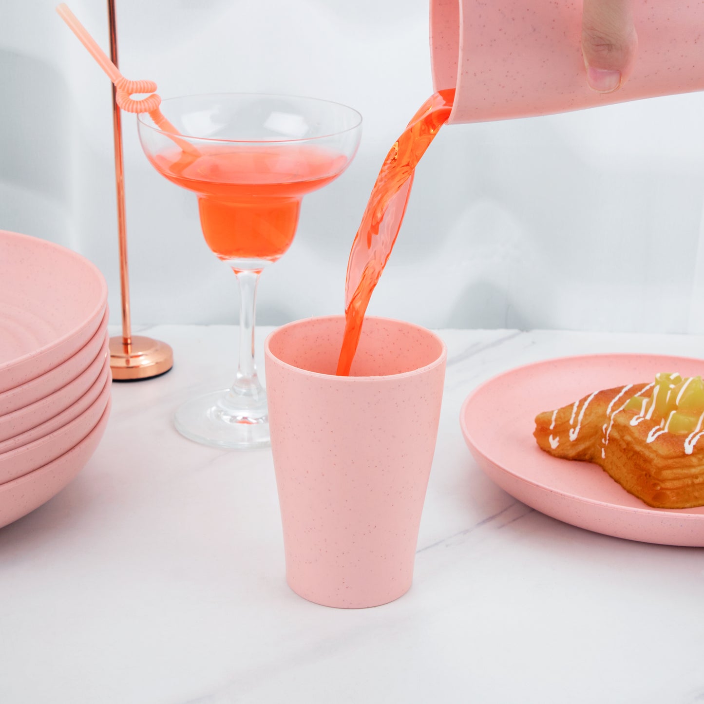 Pink Wheat Straw Dinnerware Sets, Pink Dishes for 8, Plates and Bowls Sets, Reusable Plastic Plates, Microwave Dishwasher Safe Plates, Pink Plastic Dinnerware Set, Pink Plastic Plates