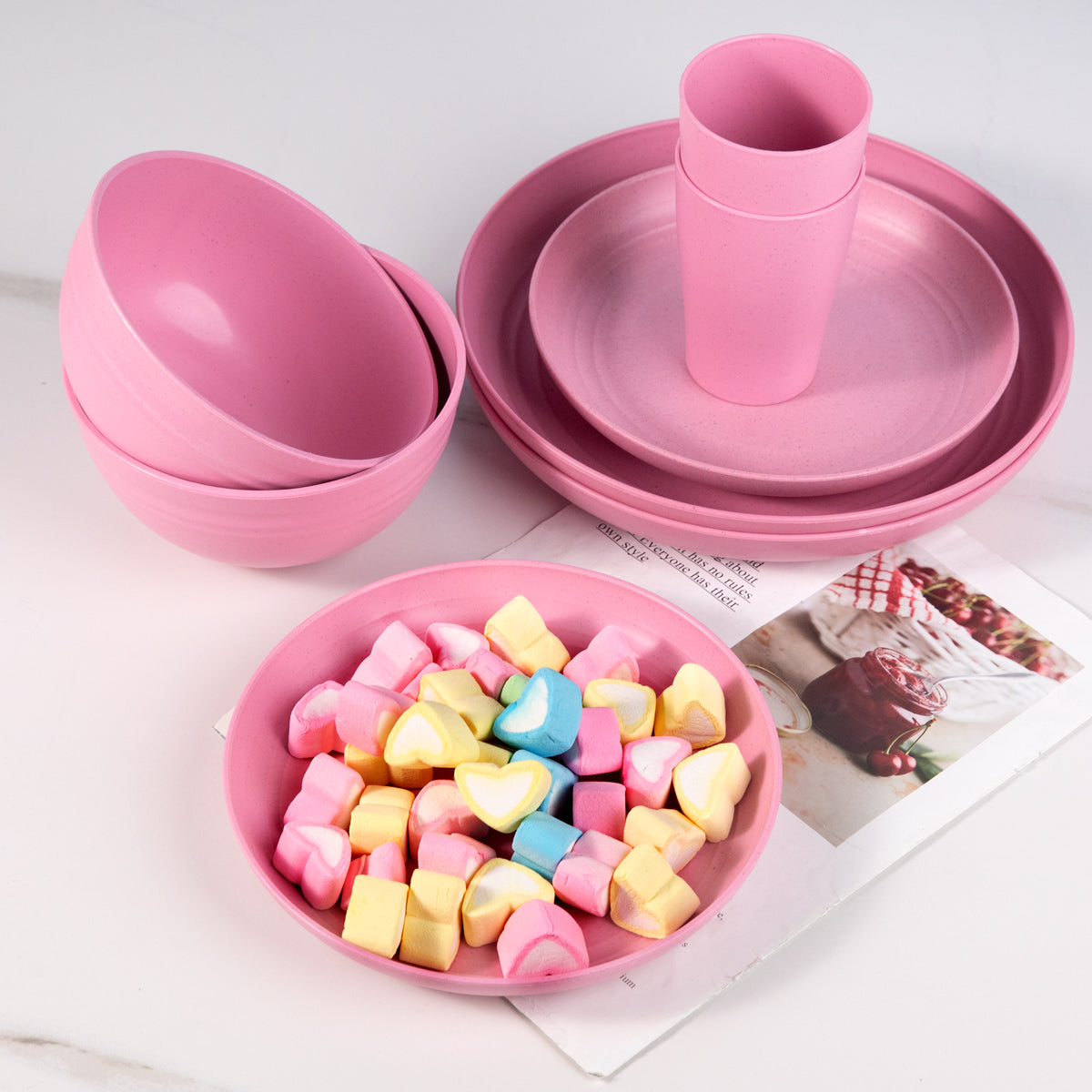 Wheat Straw Dinnerware, Microwave Dishwasher Safe, Unbreakable Light Weight Plates Service For 8, Reusable Tableware Set, Multicolor Set 16pcs Plates, 8pcs Bowls, 8pcs Cups