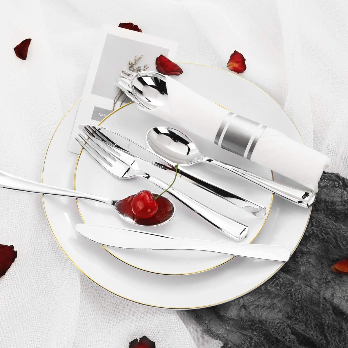 60 Pack Silver Plastic Silverware,Pre Rolled Silverware,Premium Disposable Silver Cutlery,Suit for Wedding,Catering Event,Birthday,Party