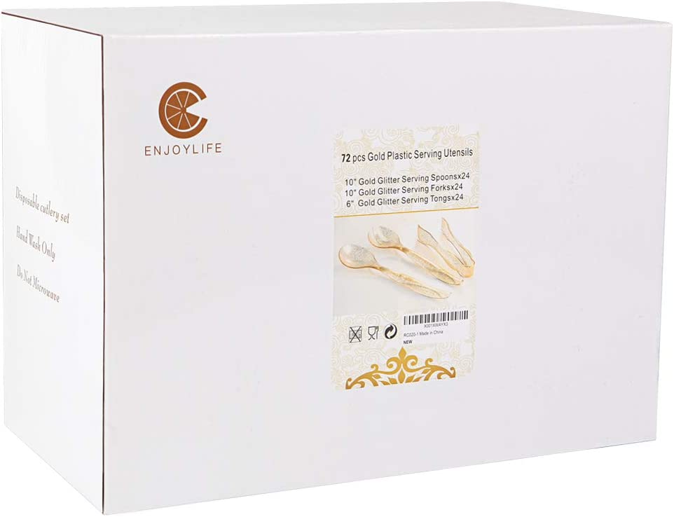 72 pcs Plastic Serving Utensils,Gold Plastic Silverware,24 pcs 10" Plastic Serving Spoons,24 pcs 10" Plastic Serving Forks,24pcs 6.3" Plastic Serving Tongs,Perfect for Birthday,Party,Wedding