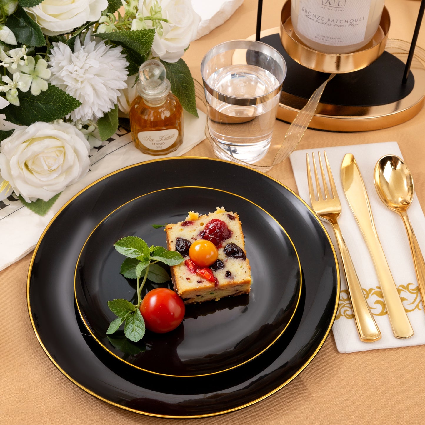350pcs Black and Gold Plastic Dinnerware Set,Black Plastic Plates with Gold Rim,Black and Gold Plastic Plates,Gold Plastic Silverware,Gold Cups,Great for Birthday,Party,Wedding