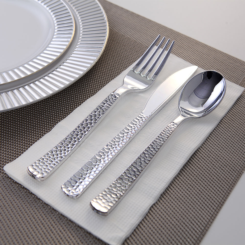 360pcs Silver Plastic Cutlery,Elegant Plastic Silverware,Silver Hammed Silverware,Disposable Plastic Flatware,Include 120 Forks,120 Knvies,120 Spoons,Perfect for Birthday,Party,Wedding
