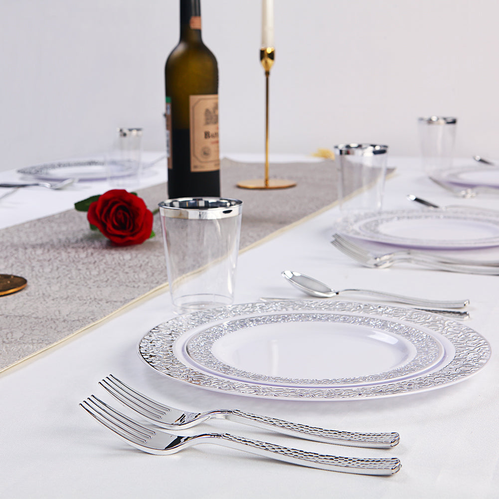 360pcs Silver Plastic Cutlery,Elegant Plastic Silverware,Silver Hammed Silverware,Disposable Plastic Flatware,Include 120 Forks,120 Knvies,120 Spoons,Perfect for Birthday,Party,Wedding