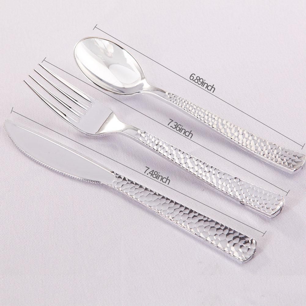 360pcs Silver Plastic Cutlery,Elegant Plastic Silverware,Silver Hammed Silverware,Disposable Plastic Flatware,Include 120 Forks,120 Knvies,120 Spoons,Perfect for Birthday,Party,Wedding
